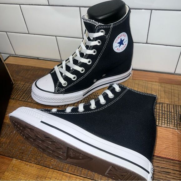 Converse Women All Star Platform Hidden Wedge Heel Sneakers Chuck Taylor Black - Picture 4 of 5